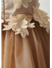 Tan Satin Tulle Knee Length Floral Flower Girl Dress